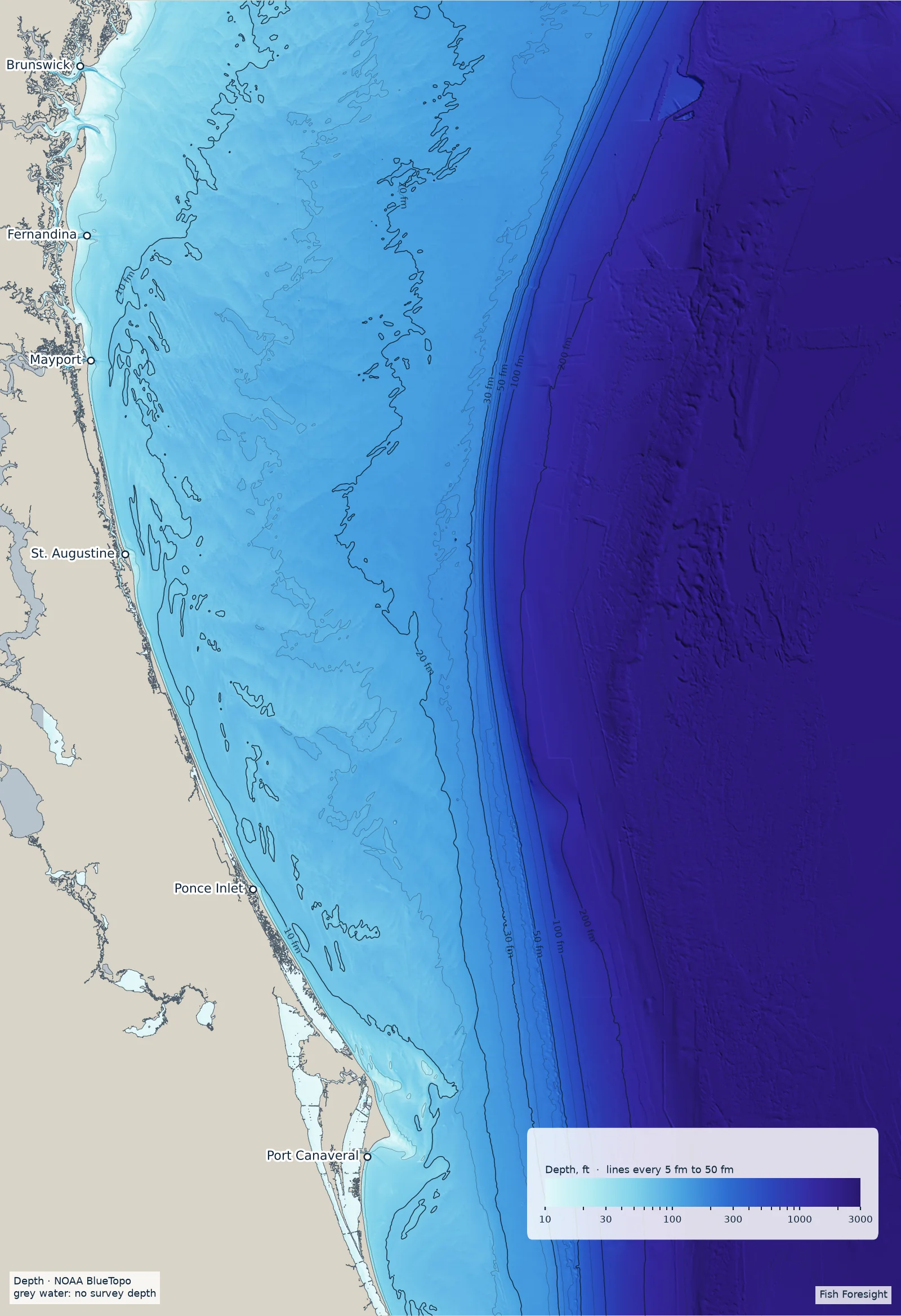 Map of sea-floor depth off Northeast Florida from NOAA BlueTopo, shaded relief from pale cyan shallows to violet deep water, with depth contour lines
