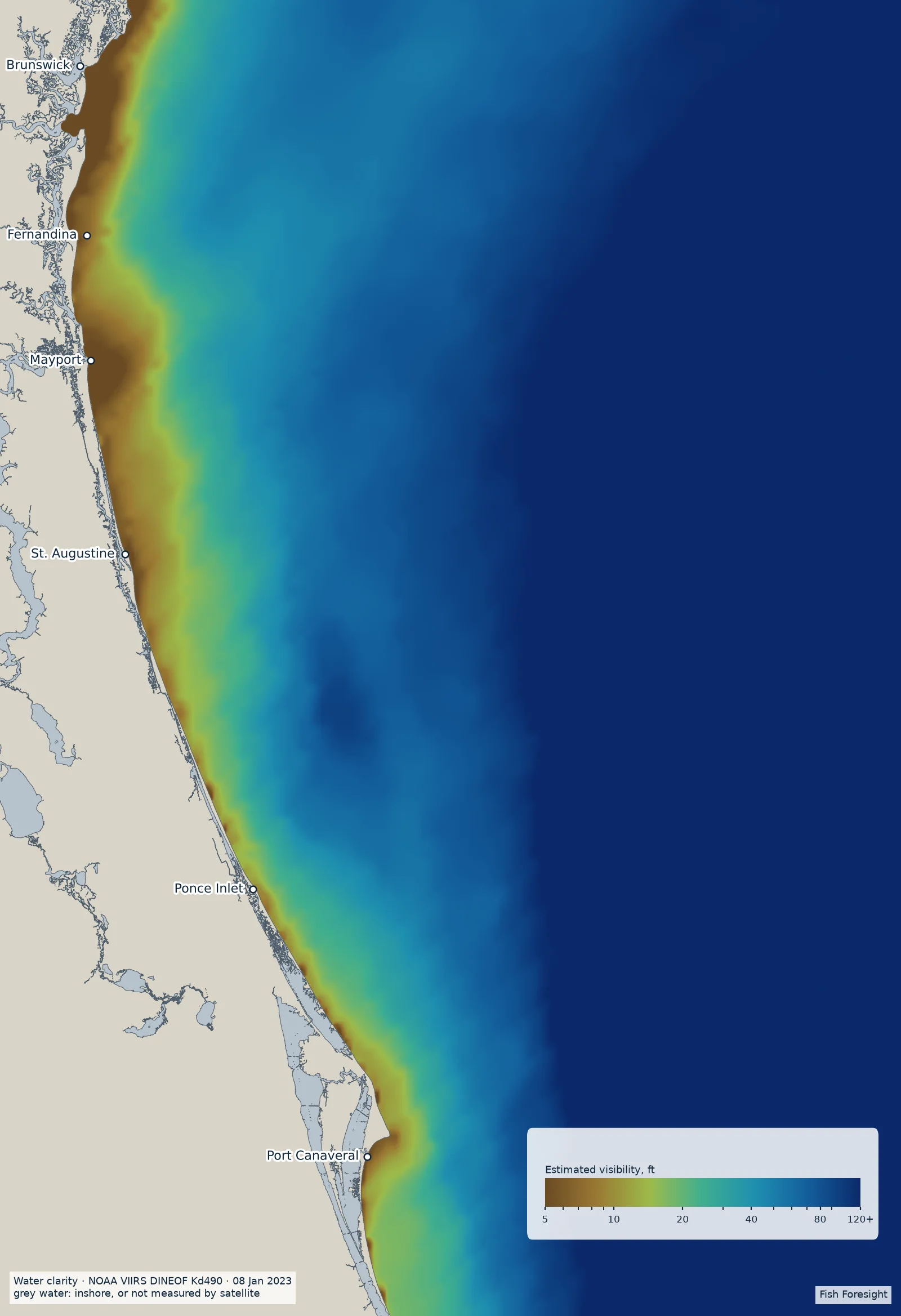 Map of estimated underwater visibility off Northeast Florida, from brown murky water (5 ft) to deep blue clear water (120 ft or more); inshore water is grey