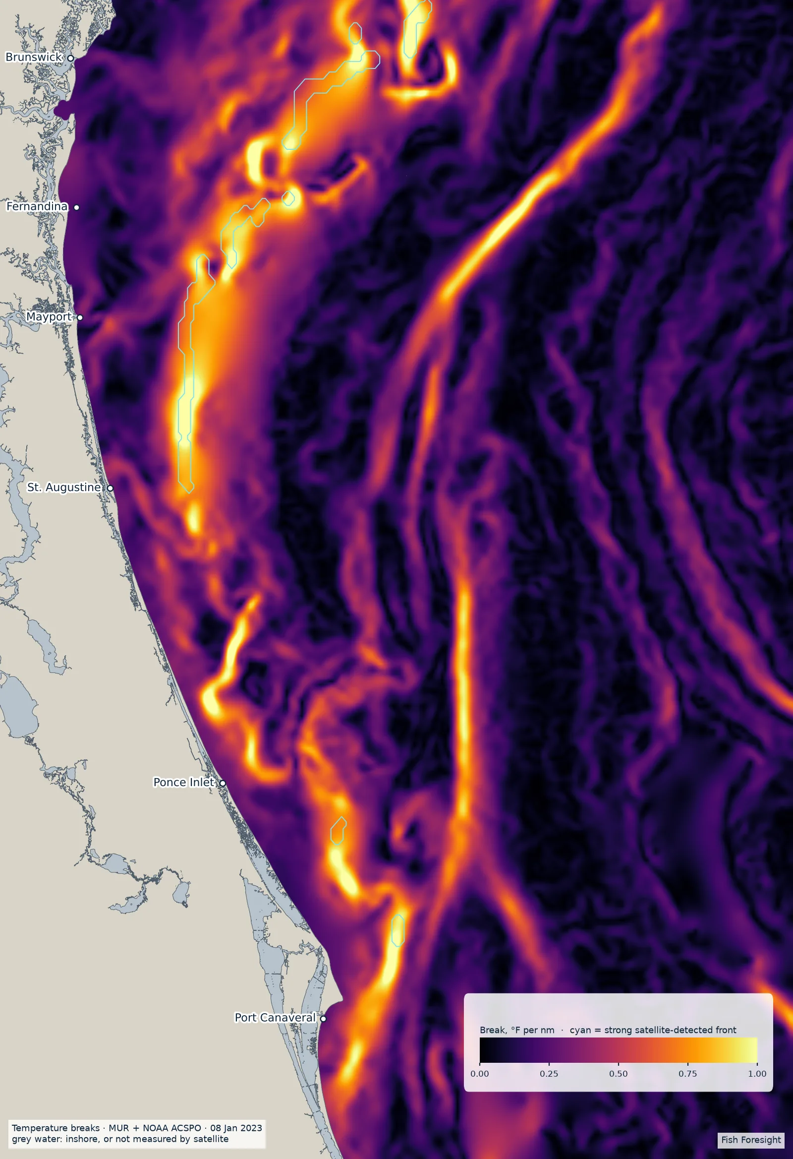 Map of temperature break strength off Northeast Florida, from dark (no break) to bright yellow (1 °F per nautical mile or more), with strong satellite-detected fronts outlined in cyan