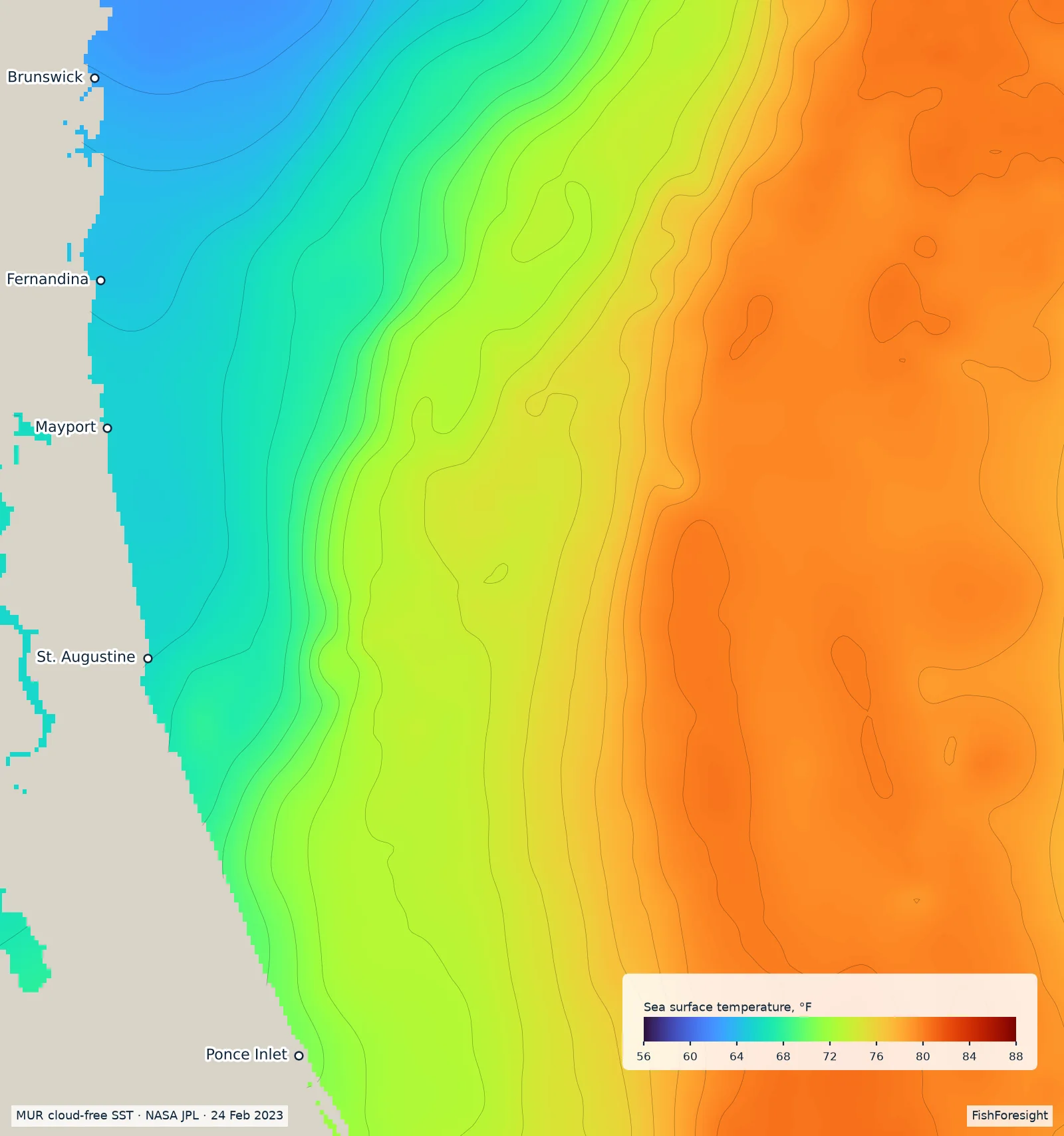 Sea surface temperature map of the Northeast Florida coast