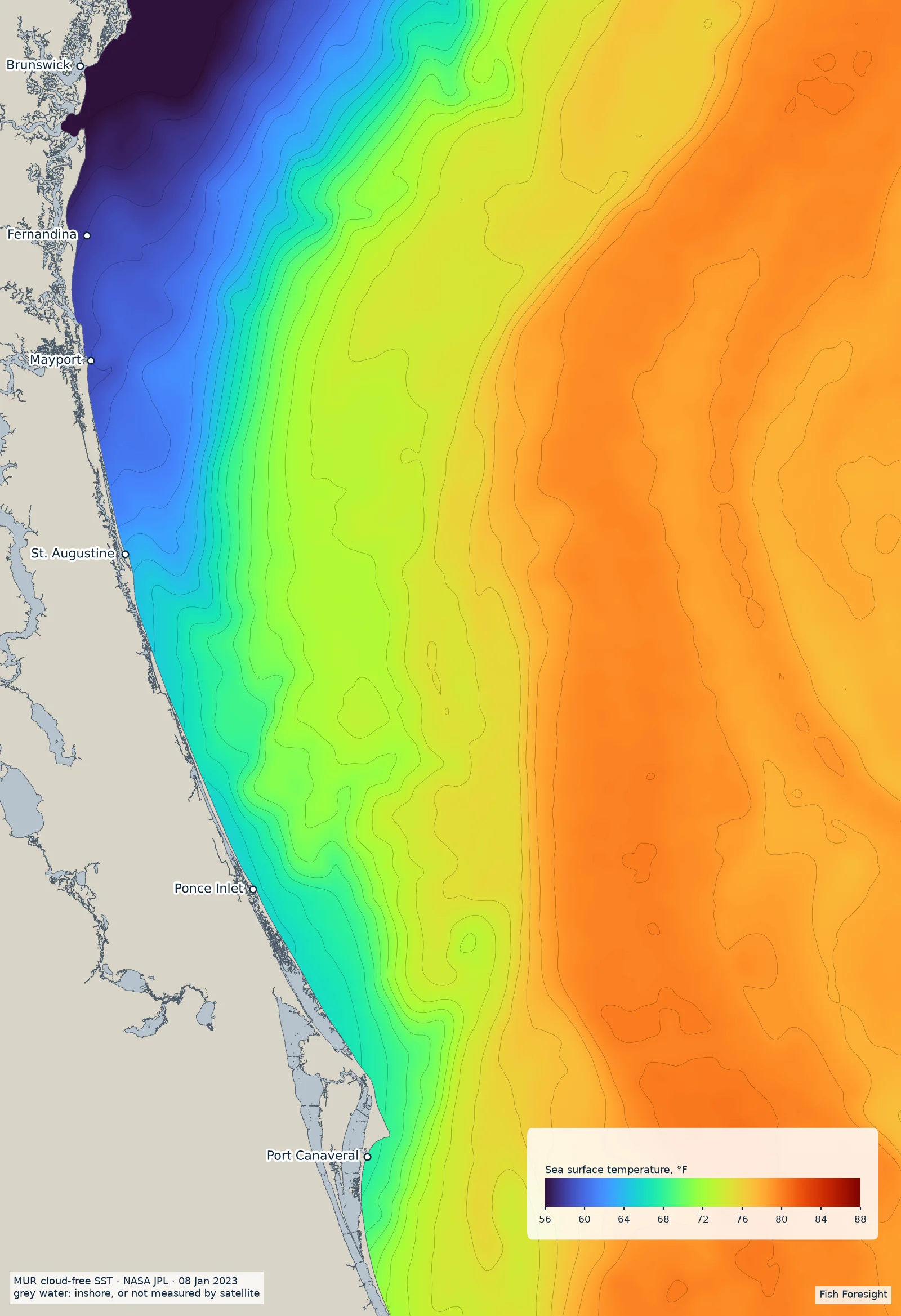 Map of sea surface temperature off Northeast Florida, Brunswick to south of Cape Canaveral, coloured from 56 °F (dark blue) to 88 °F (dark red), with 1 °F contour lines; inshore water is grey